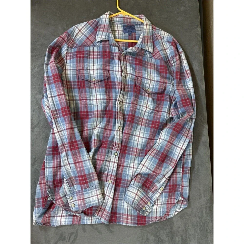 J Crew Men’s Flannel Snap Long Sleeve Short Blue Red White XXL Cotton Fortune